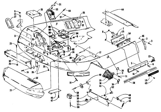 Parts Diagram for Arctic Cat 1992 WILDCAT MOUNTAIN CAT EFI SNOWMOBILE BELLY PAN AND NOSE CONE ASSEMBLIES