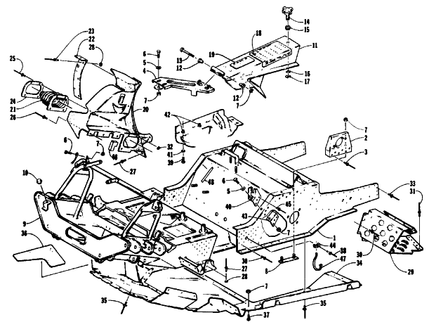 Parts Diagram for Arctic Cat 1992 JAG SPECIAL SNOWMOBILE FRONT FRAME, BELLY PAN AND FOOTREST ASSEMBLY