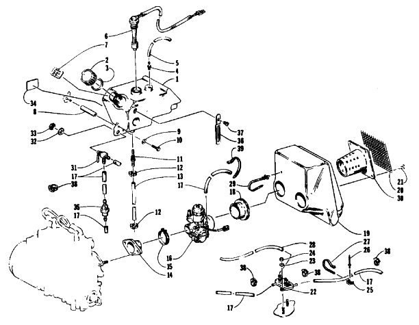 Parts Diagram for Arctic Cat 1992 JAG SPECIAL SNOWMOBILE OIL TANK, CARBURETOR, FUEL PUMP, AND SILENCER