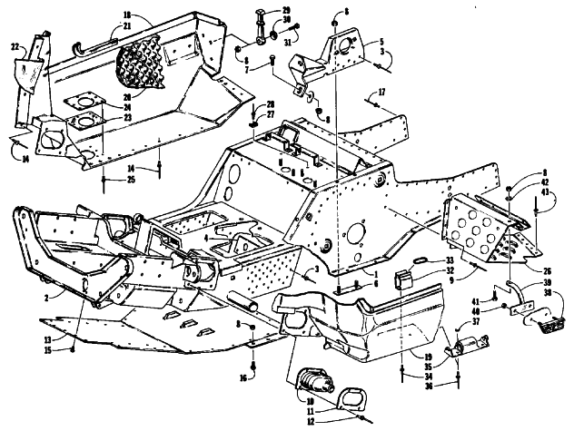 Parts Diagram for Arctic Cat 1992 WILDCAT SNOWMOBILE FRONT FRAME, BELLY PAN AND FOOTREST ASSEMBLY