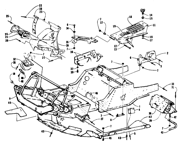 Parts Diagram for Arctic Cat 1993 EXT EFI SNOWMOBILE FRONT FRAME, BELLY PAN AND FOOTREST ASSEMBLY