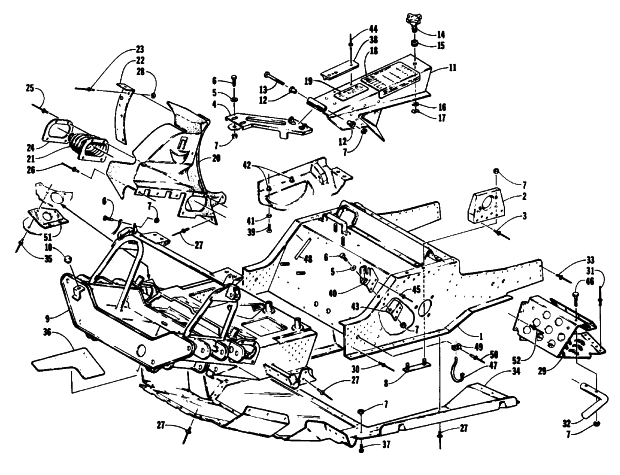 Parts Diagram for Arctic Cat 1993 PANTHER SNOWMOBILE FRONT FRAME, BELLY PAN AND FOOTREST ASSEMBLY