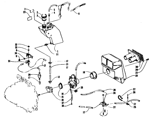 Parts Diagram for Arctic Cat 1993 PANTHER SNOWMOBILE OIL TANK, CARBURETOR, FUEL PUMP, AND SILENCER