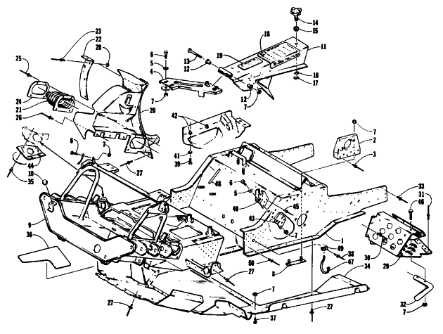 Parts Diagram for Arctic Cat 1993 JAG Z SNOWMOBILE FRONT FRAME, BELLY PAN AND FOOTREST ASSEMBLY