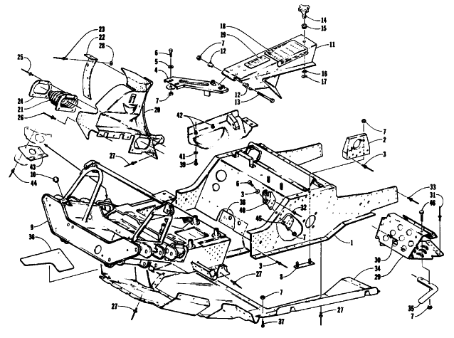 Parts Diagram for Arctic Cat 1993 PROWLER 2-UP SNOWMOBILE FRONT FRAME, BELLY PAN AND FOOTREST ASSEMBLY