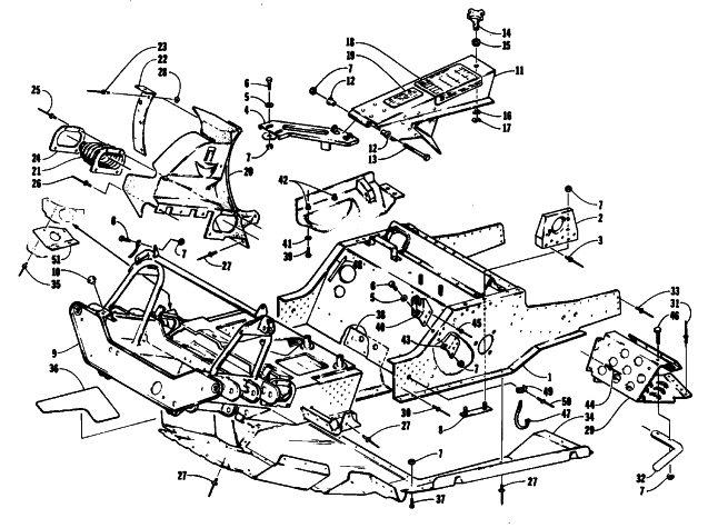 Parts Diagram for Arctic Cat 1993 COUGAR SNOWMOBILE FRONT FRAME, BELLY PAN AND FOOTREST ASSEMBLY