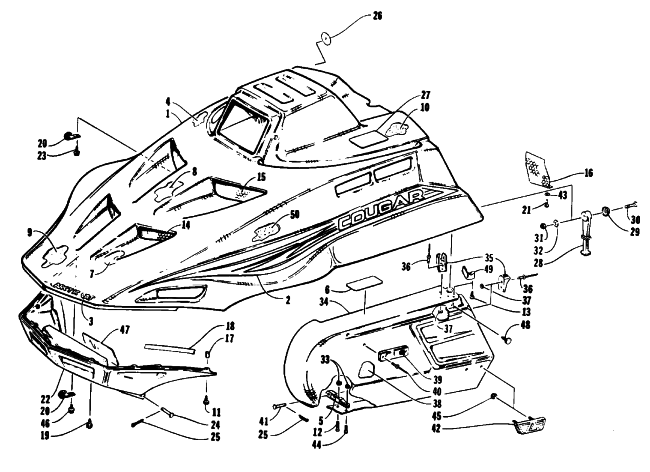Parts Diagram for Arctic Cat 1993 COUGAR MOUNTAIN CAT SNOWMOBILE HOOD AND SIDE PODS