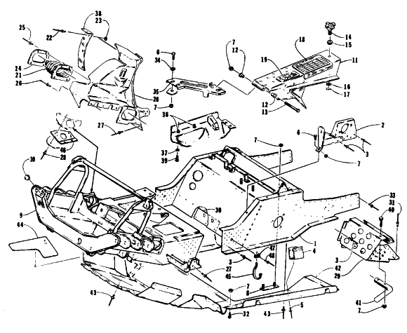 Parts Diagram for Arctic Cat 1993 EXT 550 SNOWMOBILE FRONT FRAME, BELLY PAN AND FOOTREST ASSEMBLY