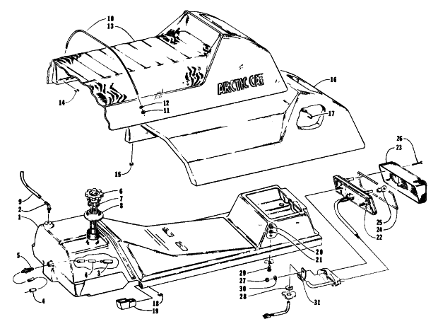 Parts Diagram for Arctic Cat 1993 EXT 550 SNOWMOBILE GAS TANK, SEAT, AND TAILLIGHT ASSEMBLIES