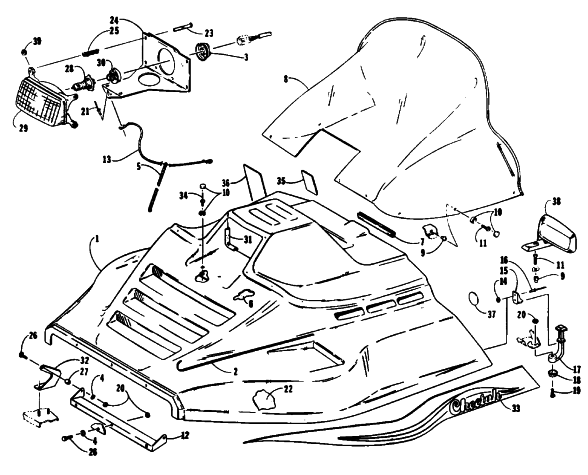 Parts Diagram for Arctic Cat 1993 CHEETAH SNOWMOBILE HOOD ASSEMBLY