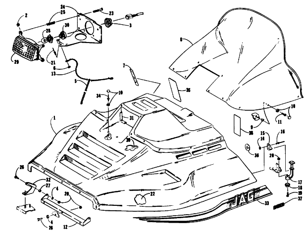 Parts Diagram for Arctic Cat 1993 JAG AFS LT 2 SPEED SNOWMOBILE HOOD ASSEMBLY