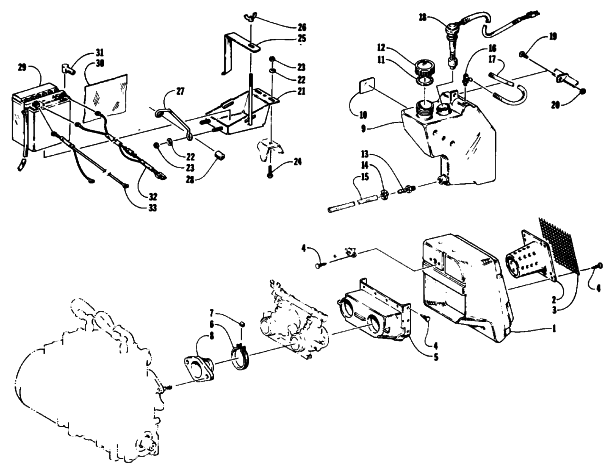 Parts Diagram for Arctic Cat 1993 EXT EFI SNOWMOBILE AIR SILENCER, BATTERY, AND OIL TANK