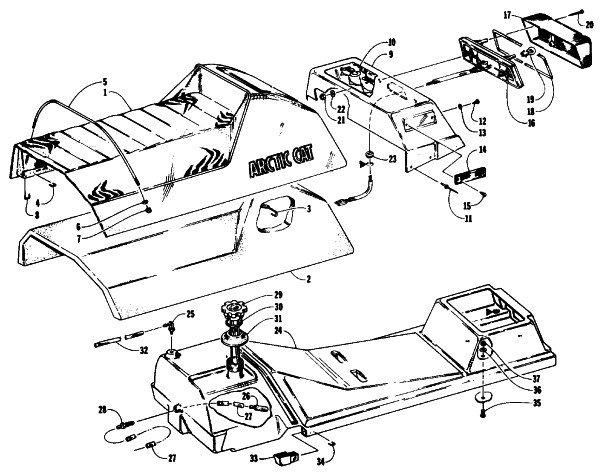Parts Diagram for Arctic Cat 1993 EXT 580 MOUNTAIN CAT SNOWMOBILE GAS TANK, SEAT, AND TAILLIGHT ASSEMBLIES