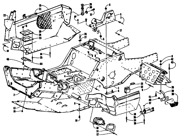 Parts Diagram for Arctic Cat 1993 WILDCAT SNOWMOBILE FRONT FRAME, BELLY PAN AND FOOTREST ASSEMBLY