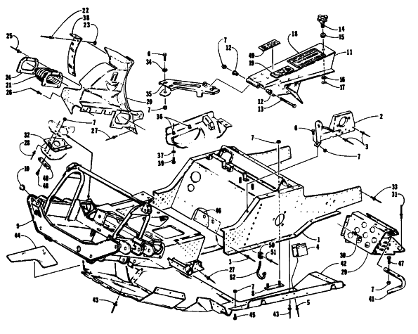 Parts Diagram for Arctic Cat 1994 PANTERA SNOWMOBILE FRONT FRAME, BELLY PAN AND FOOTREST ASSEMBLY