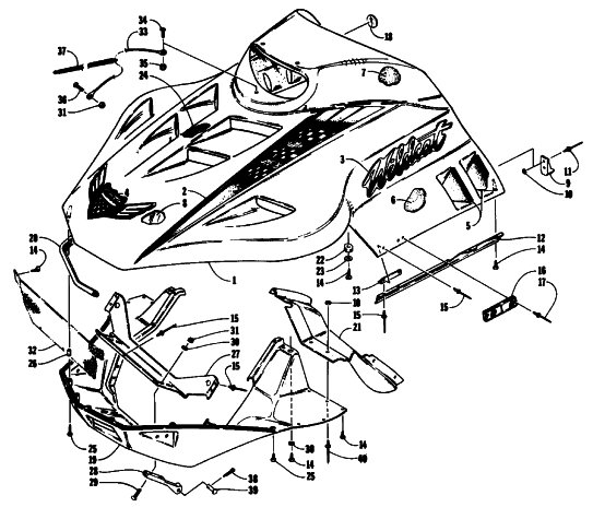 Parts Diagram for Arctic Cat 1993 WILDCAT MOUNTAIN CAT EFI SNOWMOBILE HOOD AND NOSEPIECE ASSEMBLY