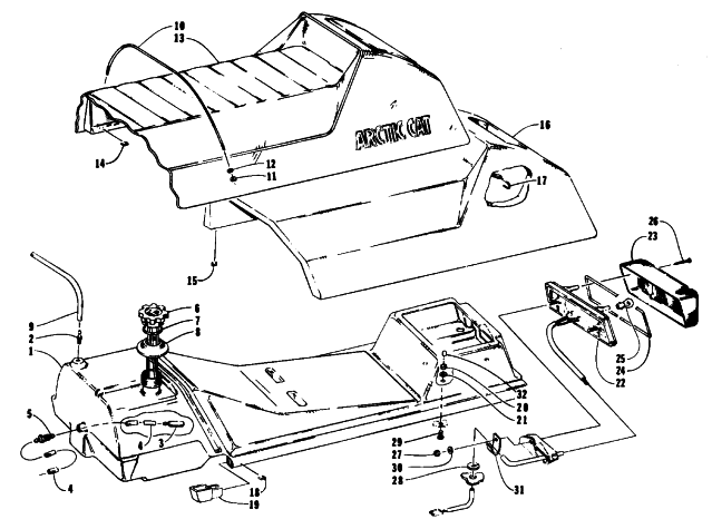 Parts Diagram for Arctic Cat 1993 WILDCAT SNOWMOBILE GAS TANK, SEAT, AND TAILLIGHT ASSEMBLIES