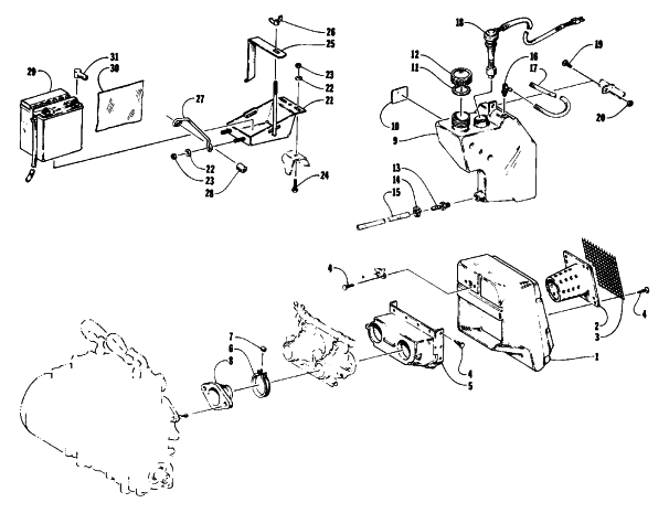 Parts Diagram for Arctic Cat 1993 PANTERA SNOWMOBILE AIR SILENCER, BATTERY, AND OIL TANK