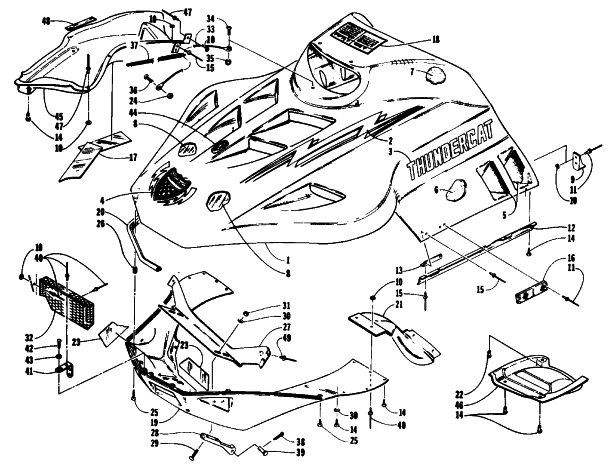 Parts Diagram for Arctic Cat 1993 THUNDERCAT SNOWMOBILE HOOD AND NOSEPIECE ASSEMBLY