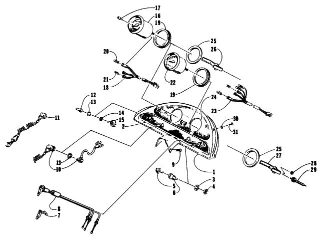 Parts Diagram for Arctic Cat 1993 THUNDERCAT SNOWMOBILE CONSOLE EXTENSION, SWITCHES, AND INSTRUMENTS