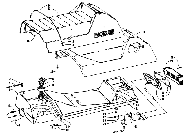 Parts Diagram for Arctic Cat 1994 THUNDERCAT SNOWMOBILE GAS TANK, SEAT, AND TAILLIGHT ASSEMBLIES