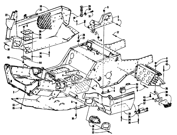 Parts Diagram for Arctic Cat 1993 WILDCAT EFI SNOWMOBILE FRONT FRAME, BELLY PAN AND FOOTREST ASSEMBLY