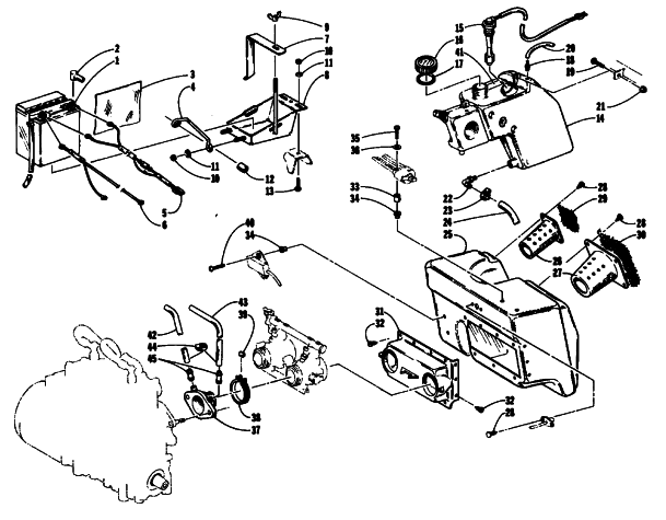 Parts Diagram for Arctic Cat 1993 WILDCAT MOUNTAIN CAT EFI SNOWMOBILE AIR INTAKE SILENCER, BATTERY, AND OIL TANK