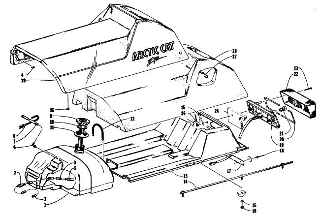 Parts Diagram for Arctic Cat 1993 580 ZR SNOWMOBILE GAS TANK, SEAT, AND TAILLIGHT ASSEMBLIES
