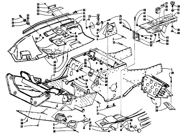 Parts Diagram for Arctic Cat 1993 440 ZR SNOWMOBILE FRONT FRAME, BELLY PAN AND FOOTREST ASSEMBLY