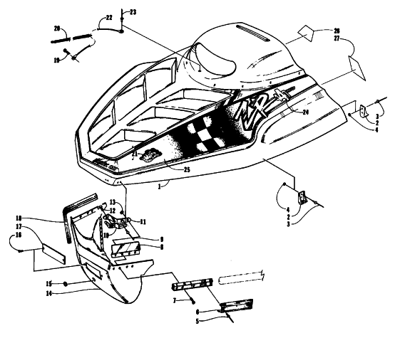 Parts Diagram for Arctic Cat 1993 440 ZR SNOWMOBILE HOOD AND NOSEPIECE ASSEMBLY