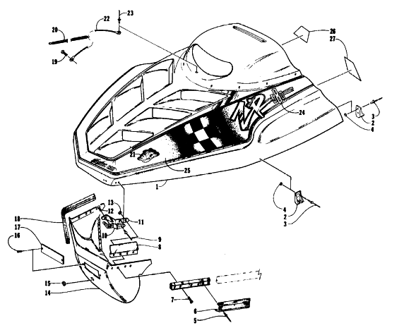 Parts Diagram for Arctic Cat 1993 580 ZR SNOWMOBILE HOOD AND NOSEPIECE ASSEMBLY