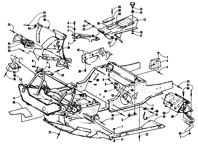 Parts Diagram for Arctic Cat 1994 JAG DELUXE SNOWMOBILE FRONT FRAME, BELLY PAN AND FOOTREST ASSEMBLY