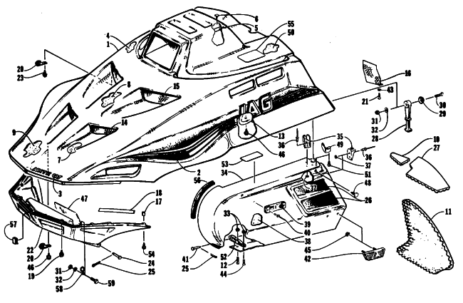 Parts Diagram for Arctic Cat 1994 JAG DELUXE SNOWMOBILE HOOD AND SIDE PODS