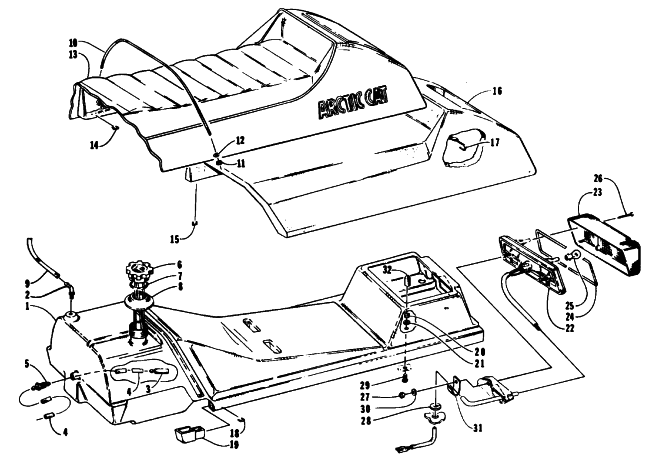 Parts Diagram for Arctic Cat 1994 JAG Z SNOWMOBILE GAS TANK, SEAT, AND TAILLIGHT ASSEMBLIES