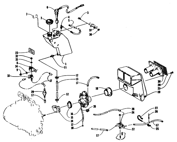 Parts Diagram for Arctic Cat 1994 PANTHER DELUXE SNOWMOBILE OIL TANK, CARBURETOR, FUEL PUMP, AND SILENCER