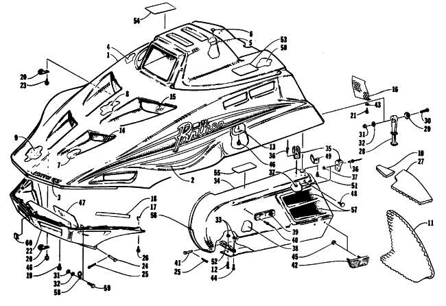 Parts Diagram for Arctic Cat 1994 PANTHER DELUXE SNOWMOBILE HOOD AND SIDE PODS