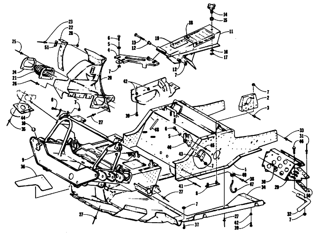 Parts Diagram for Arctic Cat 1994 JAG Z SNOWMOBILE FRONT FRAME, BELLY PAN AND FOOTREST ASSEMBLY