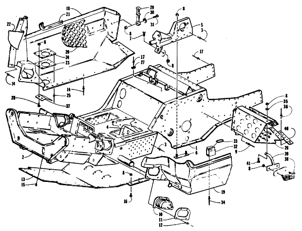 Parts Diagram for Arctic Cat 1994 WILDCAT EFI MOUNTAIN CAT SNOWMOBILE FRONT FRAME, BELLY PAN AND FOOTREST ASSEMBLY