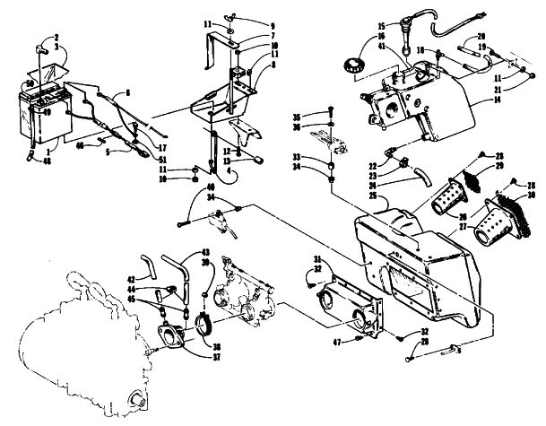 Parts Diagram for Arctic Cat 1994 WILDCAT EFI MOUNTAIN CAT SNOWMOBILE AIR SILENCER, BATTERY, AND OIL TANK