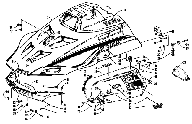 Parts Diagram for Arctic Cat 1994 PUMA DELUXE SNOWMOBILE HOOD AND SIDE PODS