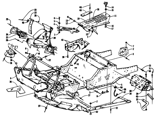 Parts Diagram for Arctic Cat 1994 PUMA SNOWMOBILE FRONT FRAME, BELLY PAN AND FOOTREST ASSEMBLY