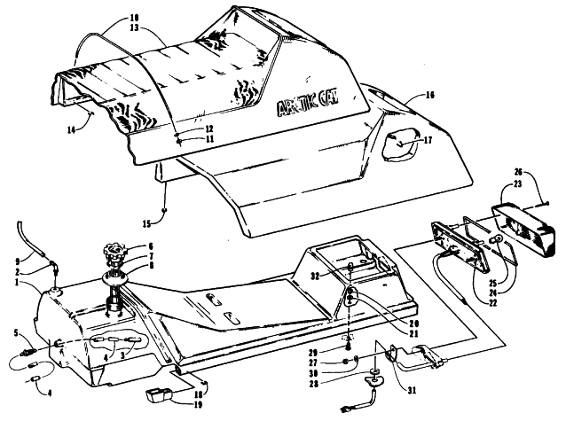 Parts Diagram for Arctic Cat 1994 EXT 580 SNOWMOBILE GAS TANK, SEAT, AND TAILLIGHT ASSEMBLIES