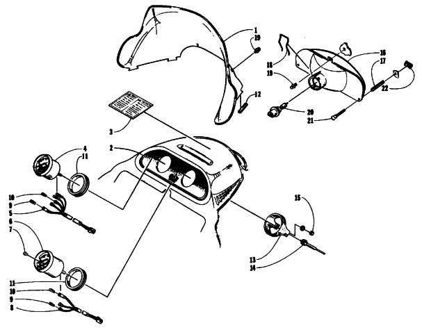 Parts Diagram for Arctic Cat 1994 EXT 580 SNOWMOBILE WINDSHIELD, HEADLIGHT, AND HOOD HINGE