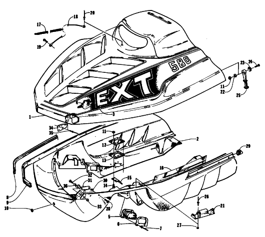 Parts Diagram for Arctic Cat 1994 EXT EFI MOUNTAIN CAT SNOWMOBILE HOOD AND BELLY PAN ASSEMBLY