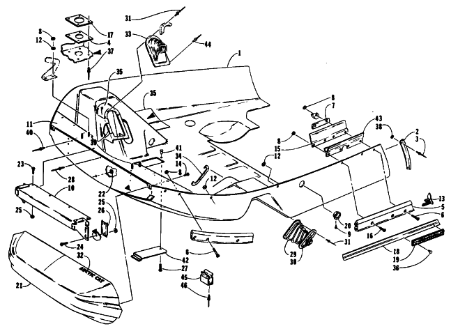 Parts Diagram for Arctic Cat 1994 CHEETAH 440 2-SPEED SNOWMOBILE BELLY PAN AND NOSE CONE ASSEMBLIES