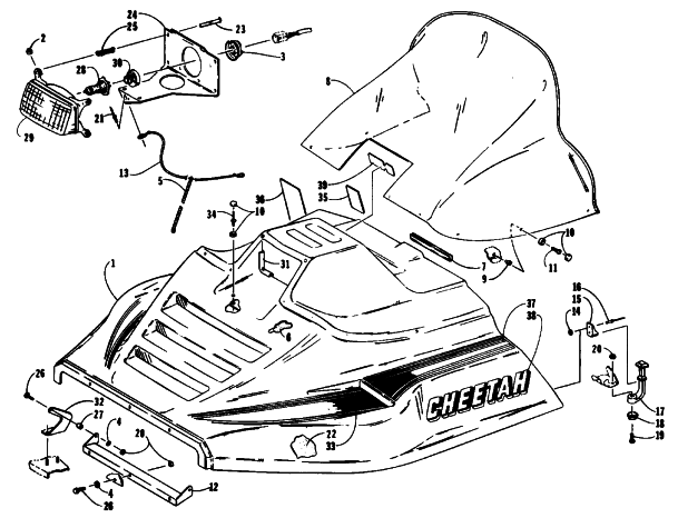 Parts Diagram for Arctic Cat 1994 CHEETAH 550 SNOWMOBILE HOOD ASSEMBLY