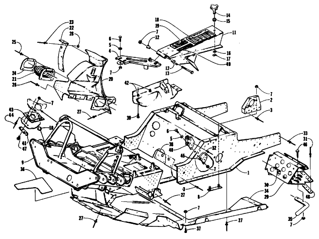 Parts Diagram for Arctic Cat 1994 PROWLER SNOWMOBILE FRONT FRAME, BELLY PAN AND FOOTREST ASSEMBLY