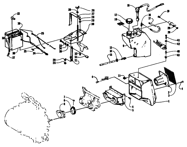 Parts Diagram for Arctic Cat 1994 EXT EFI MOUNTAIN CAT SNOWMOBILE BATTERY, AIR SILENCER, AND OIL TANK