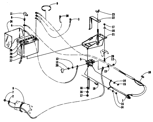 Parts Diagram for Arctic Cat 1994 EXT EFI SNOWMOBILE SOLENOID, HARNESS, BATTERY, AND CABLES