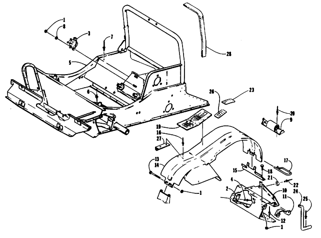 Parts Diagram for Arctic Cat 1994 CHEETAH 440 1-SPEED SNOWMOBILE FRONT FRAME AND FOOTREST ASSEMBLY